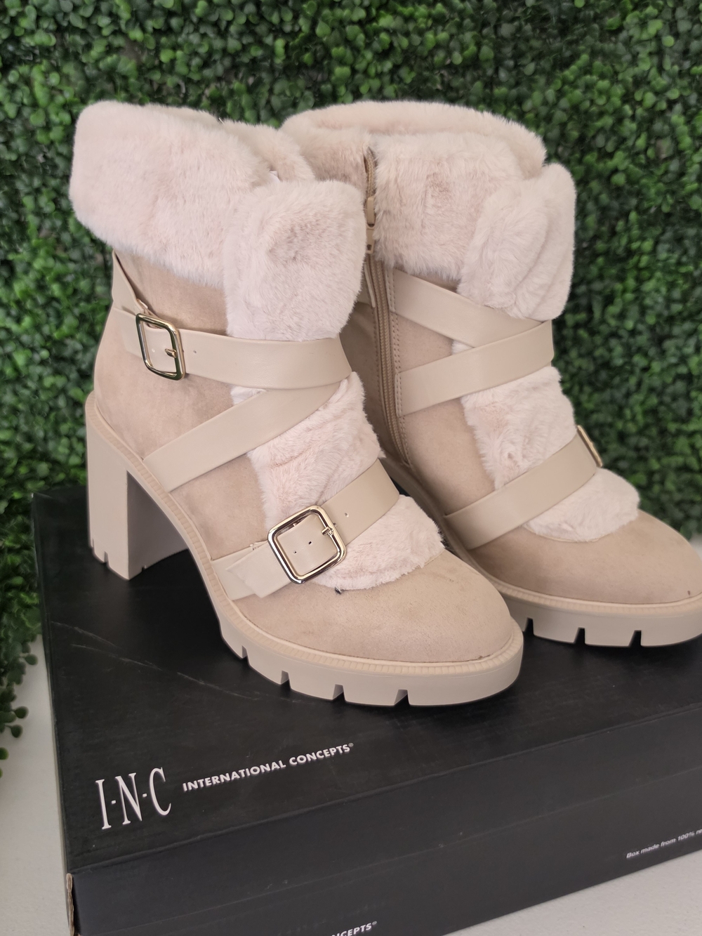 INC International Concepts Blush Faux-Fur Strapped Heeled Booties